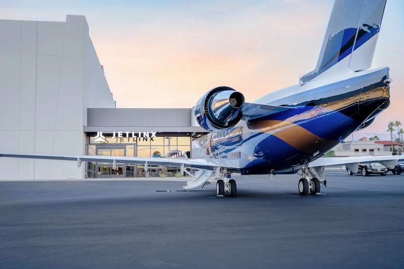 A private jet parked in front of Jet Linx Scottsdale's private terminal.